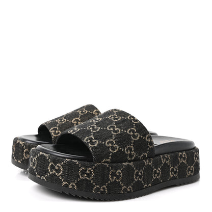 Gucci Jacquard Black Denim GG Monogram Angelina Platform 55mm Slide Sandals 39.5 Black Ivory 4 of 10
