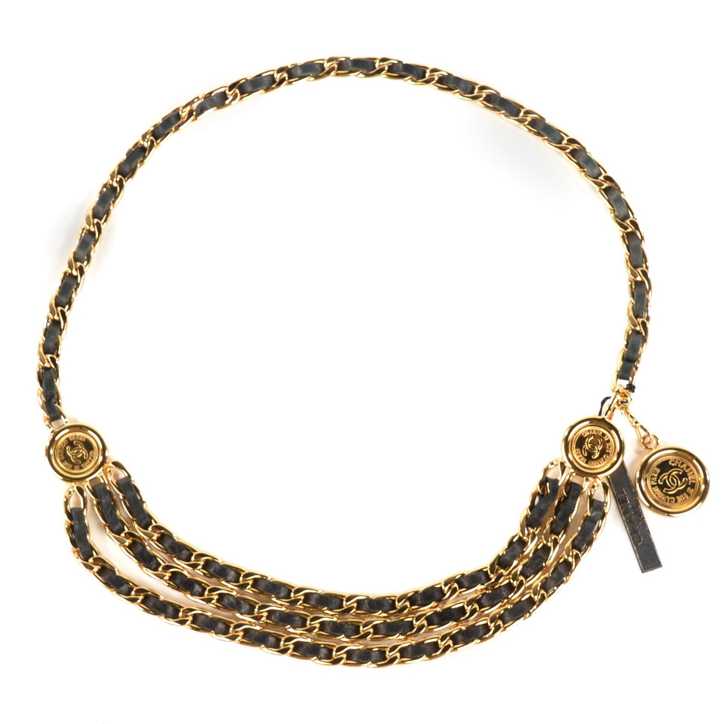 Lambskin Chain CC Medallion Belt Black Gold