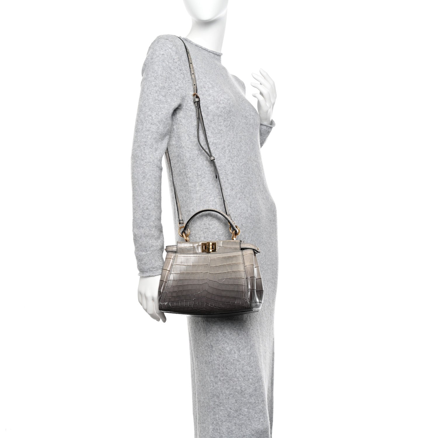 Fendi Shiny Crocodile Shiny Nappa Degrade Mini Peekaboo Iconic Satchel Grey 2 of 12