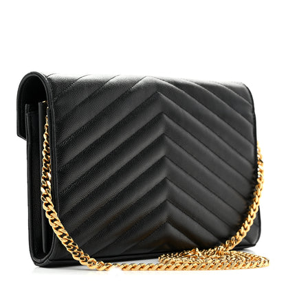 Saint Laurent Grain De Poudre Matelasse Chevron Monogram Chain Wallet Black 2 of 12