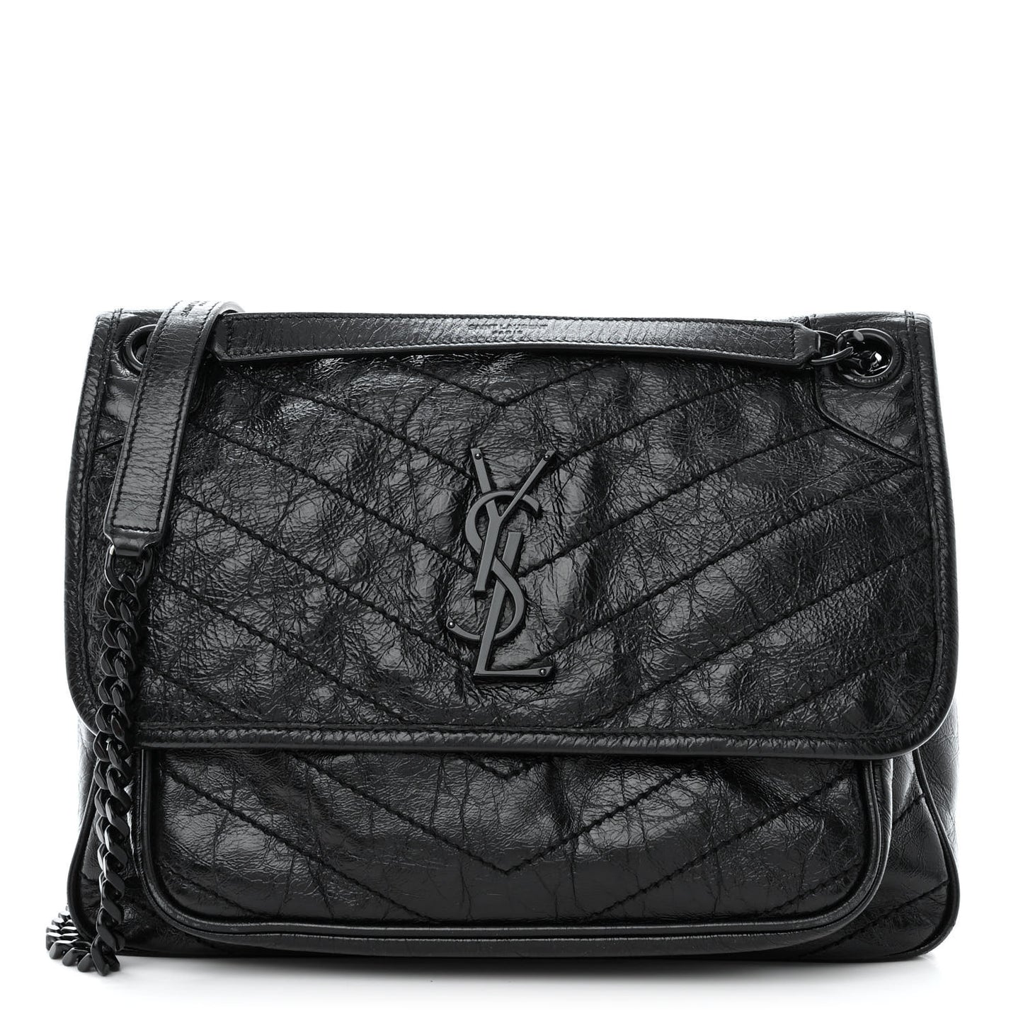Crinkled Calfskin Matelasse Monogram Medium Niki Chain Satchel Black