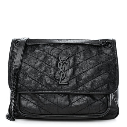 Saint Laurent Crinkled Calfskin Matelasse Monogram Medium Niki Chain Satchel Black 1 of 12
