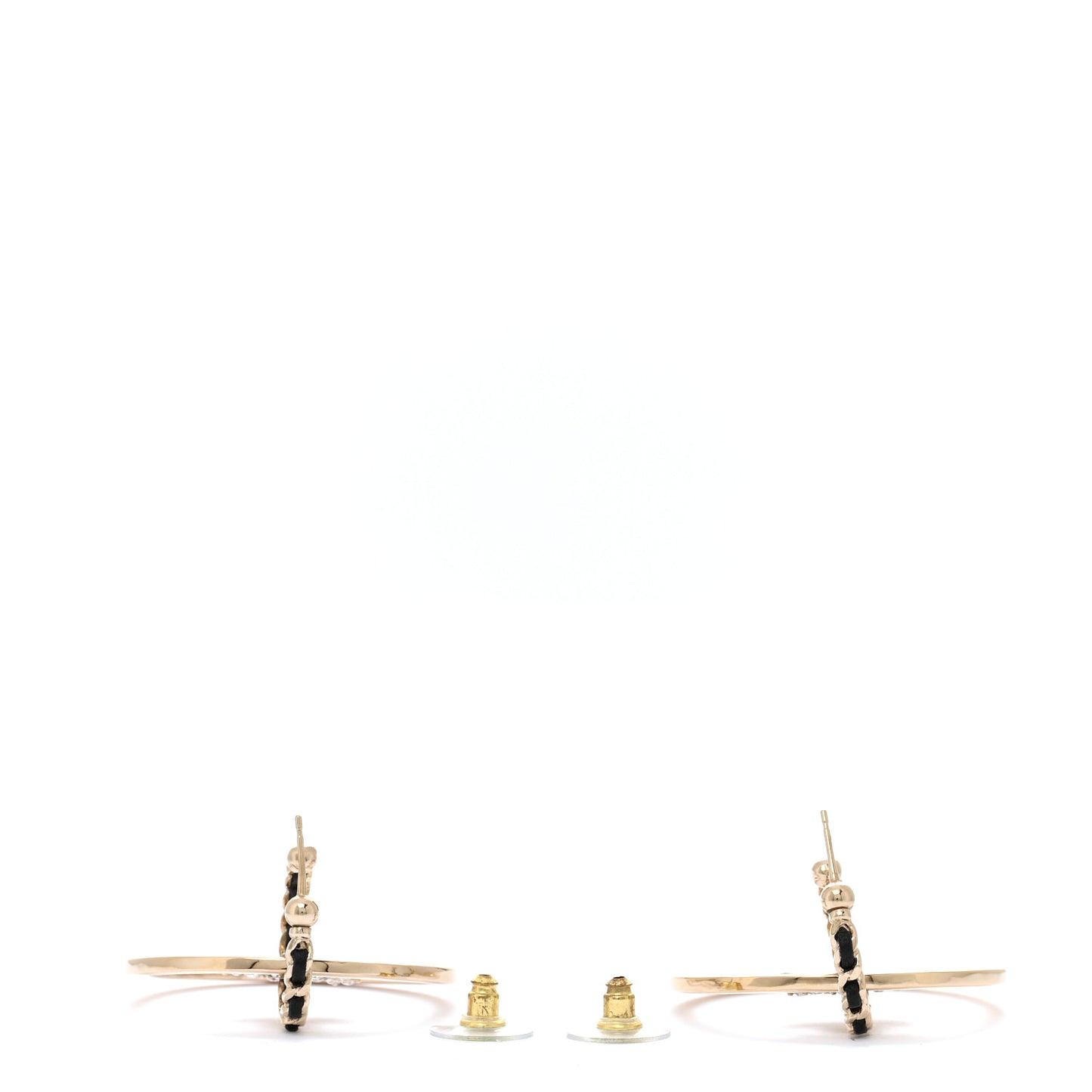 Metal Crystal Lambskin CC Chain Hoop Earrings Gold Black