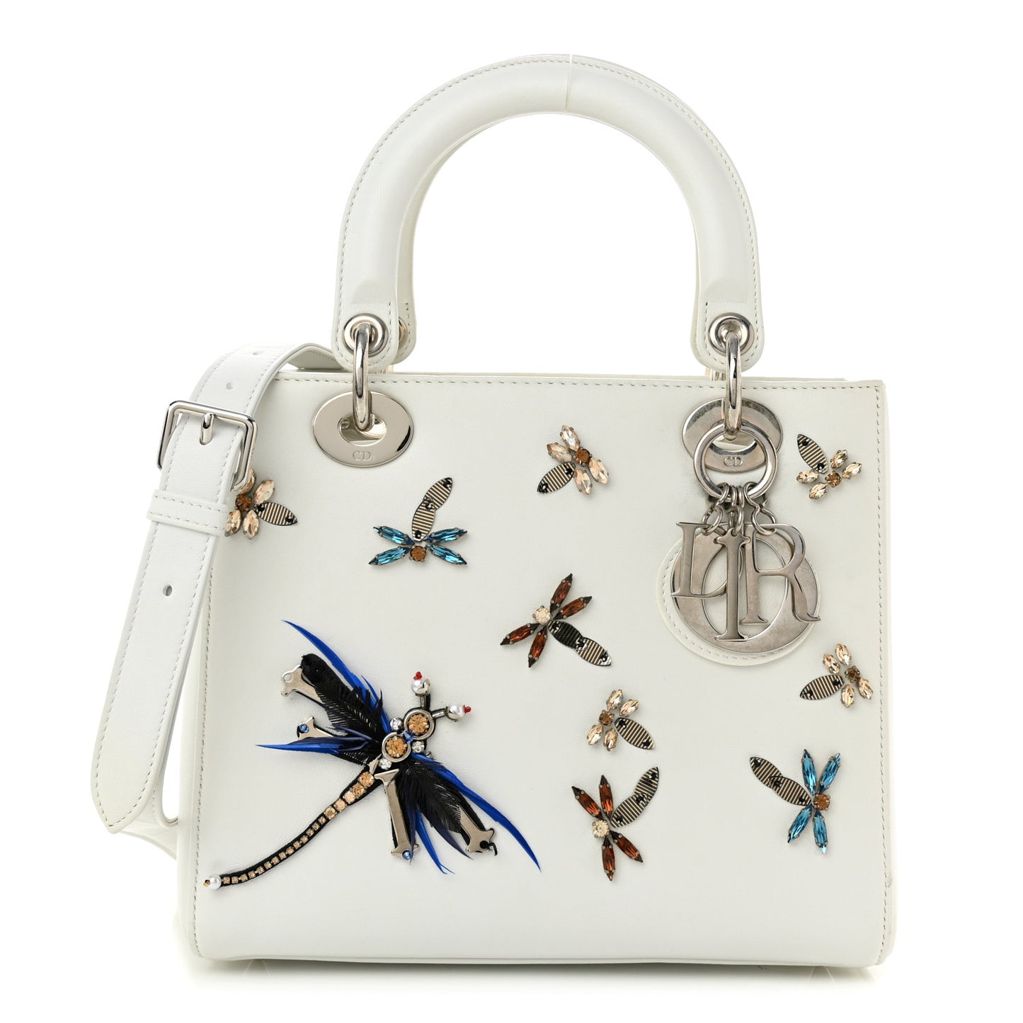 Smooth Calfskin Embellished Dragonfly Medium Lady Dior White Multicolor