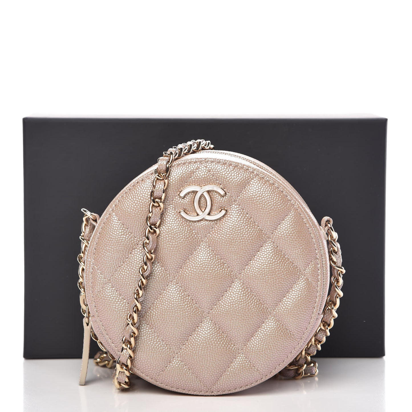 Iridescent Caviar Quilted Round Clutch With Chain Beige