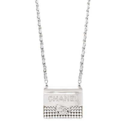 Chanel Metal Lambskin Strass Crystal Purse CC Long Necklace Silver 4 of 6