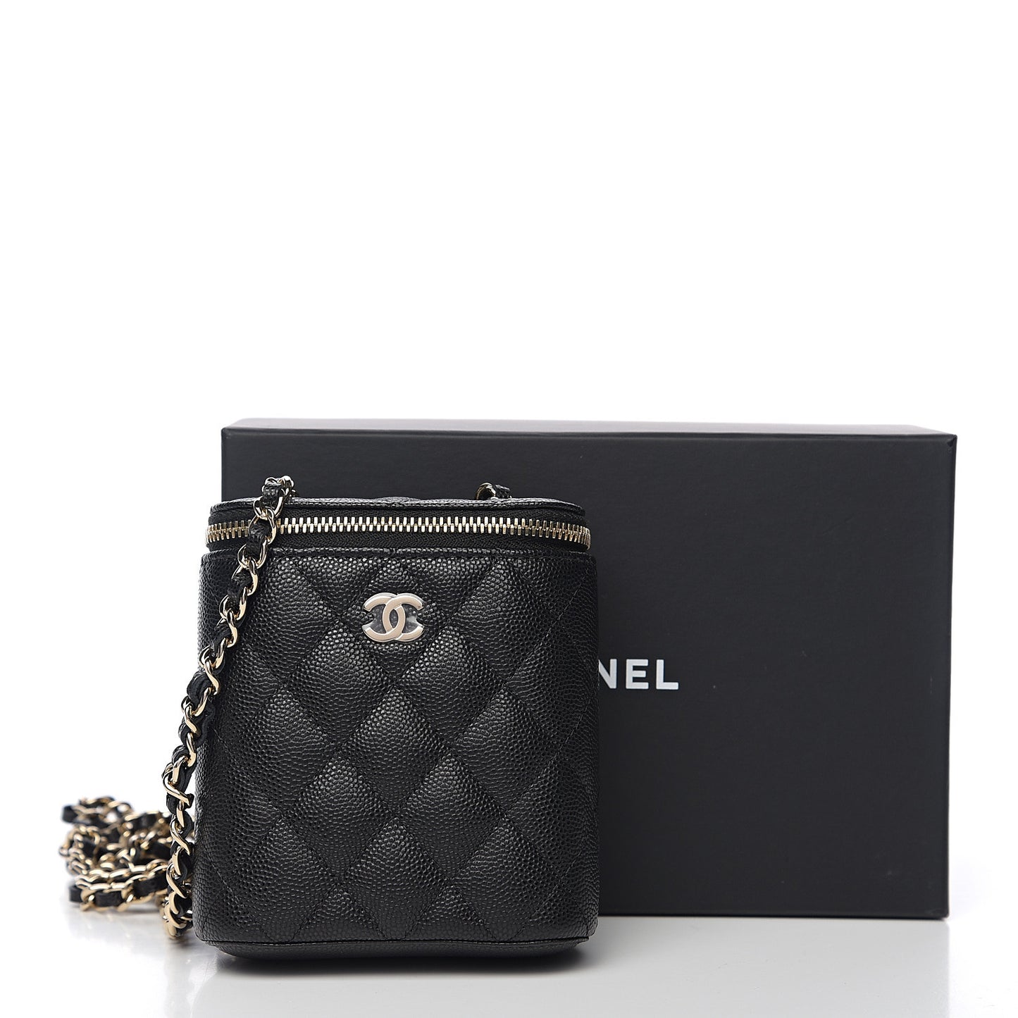 Caviar Quilted Small Vertical Coco Beauty Vanity Case With Chain Black