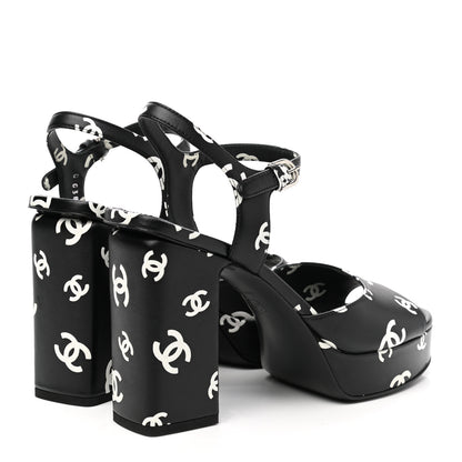 Chanel Printed Lambskin CC Platform Sandals 38 Black White 4 of 9