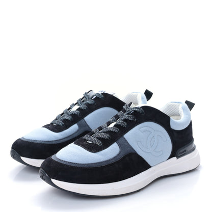 Chanel Suede Calfskin Fabric CC Sneakers 39 Light Blue Black 3 of 8
