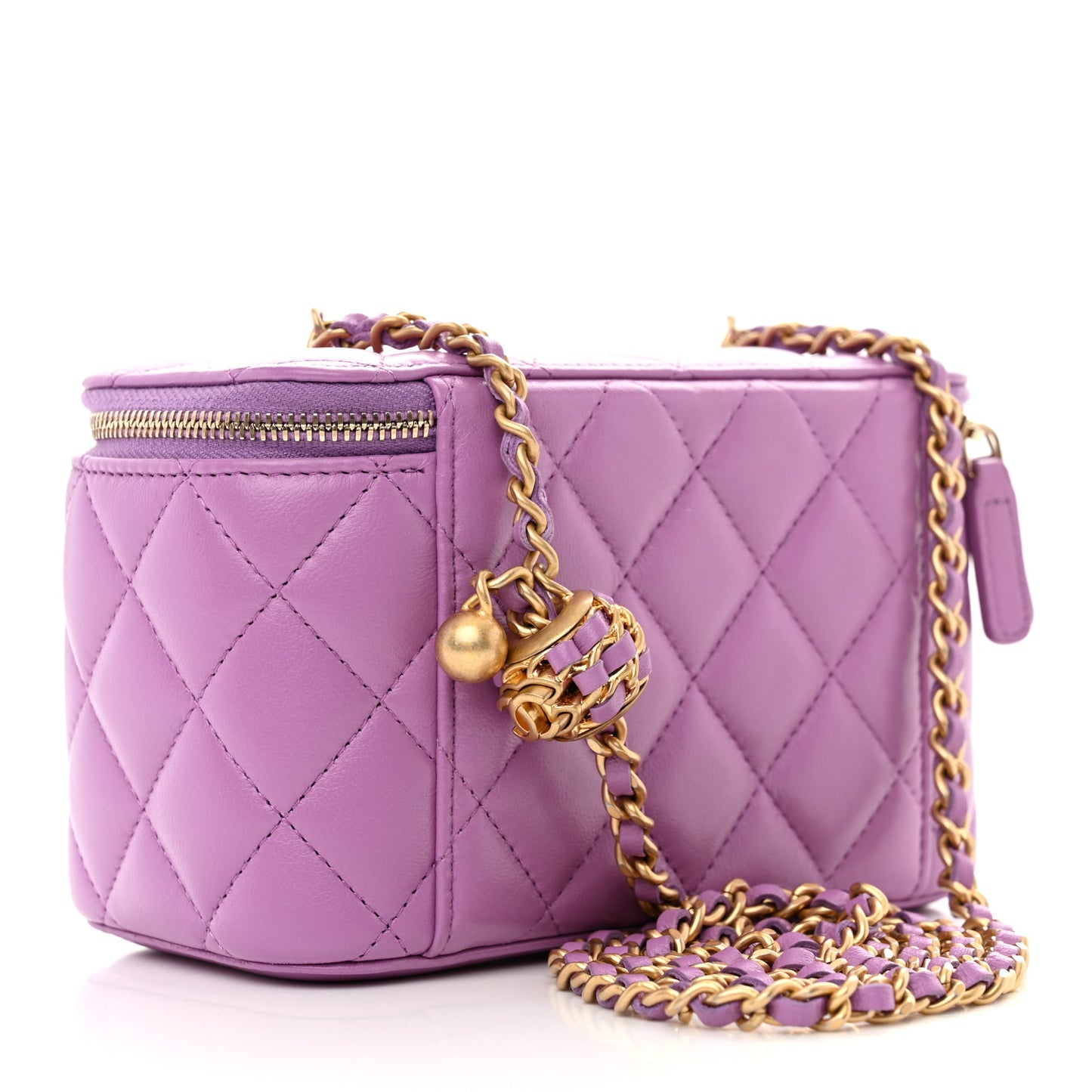 Lambskin Quilted Pearl Crush Small Vanity Case With Chain Purple