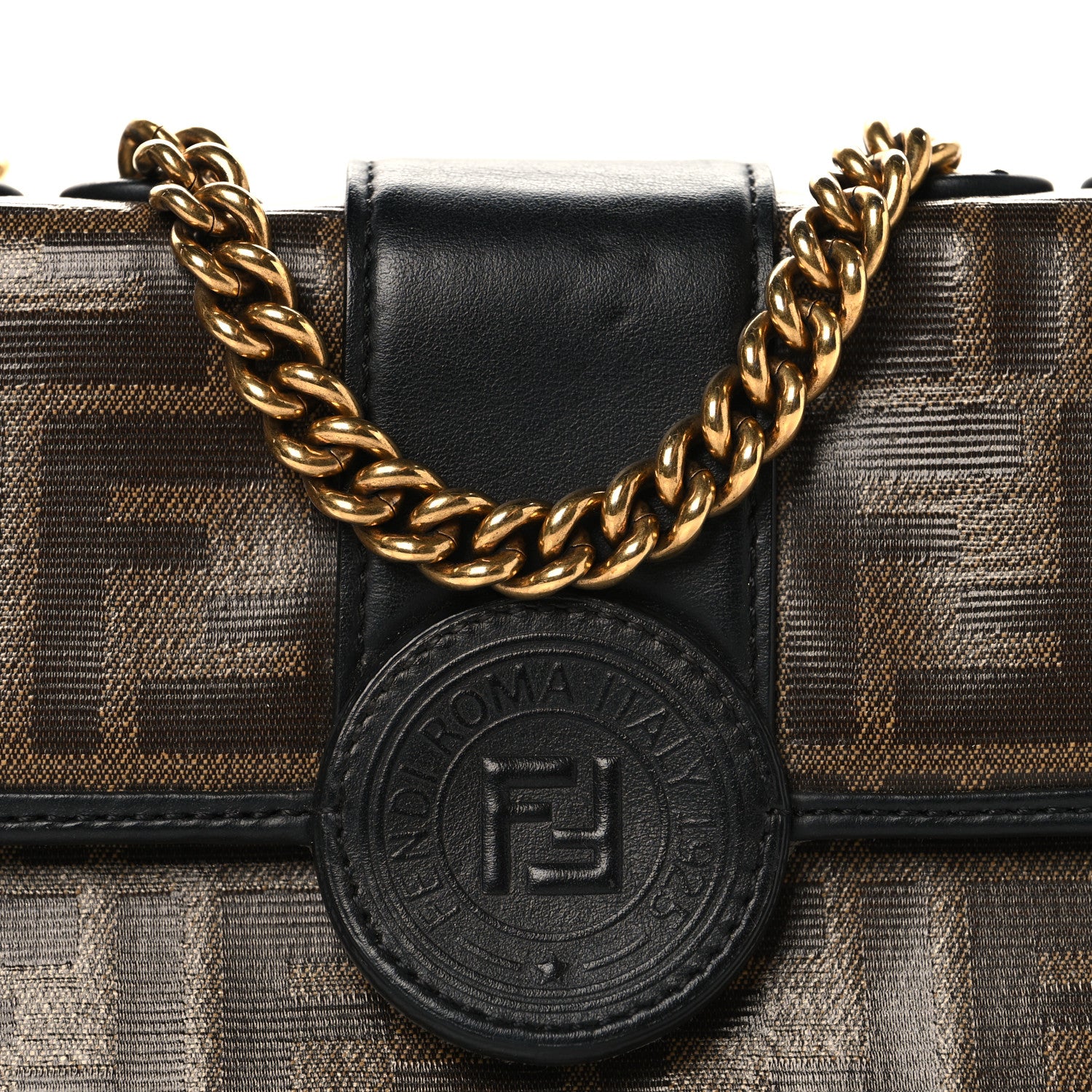 Fendi Glazed Fabric Vitello Century FF 1974 Stamp Patch Mini Double F Crossbody Bag Mogano Panna Black 8 of 12