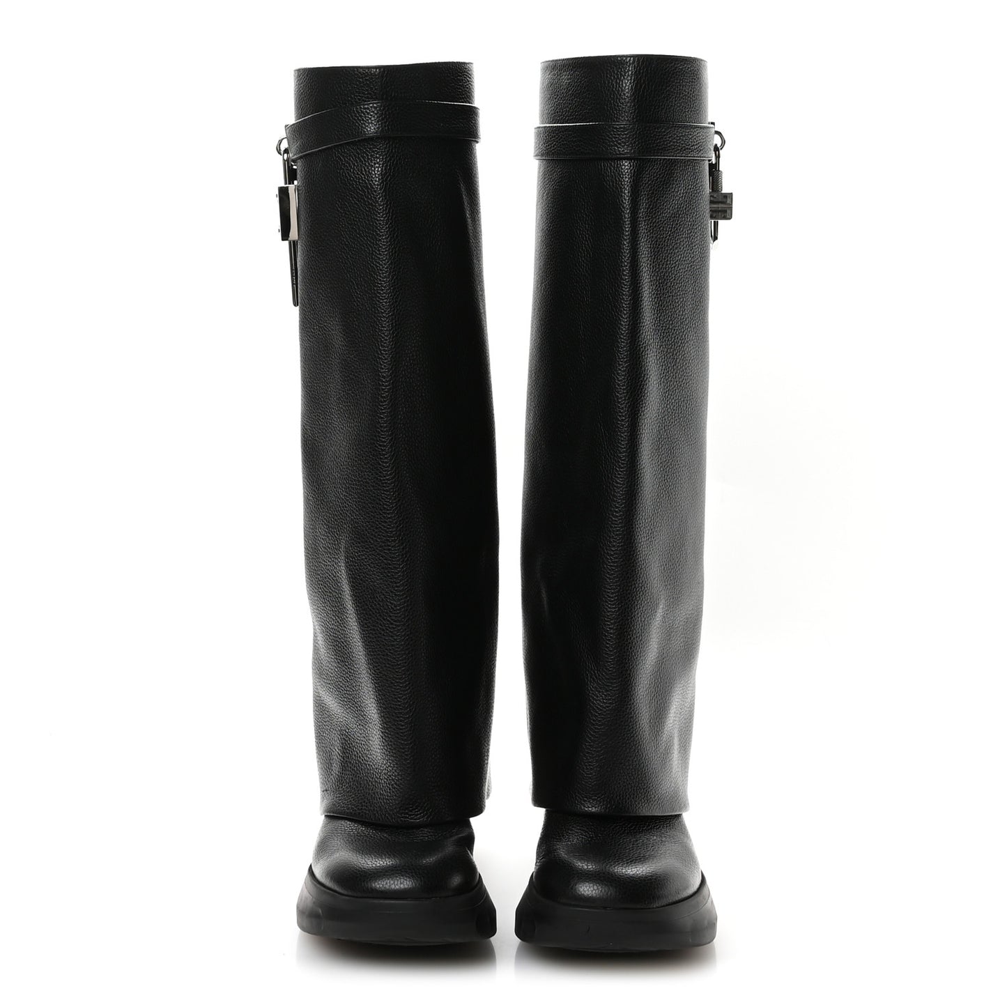 Grained Calfskin Shark Lock Biker Knee Boots 39 Black