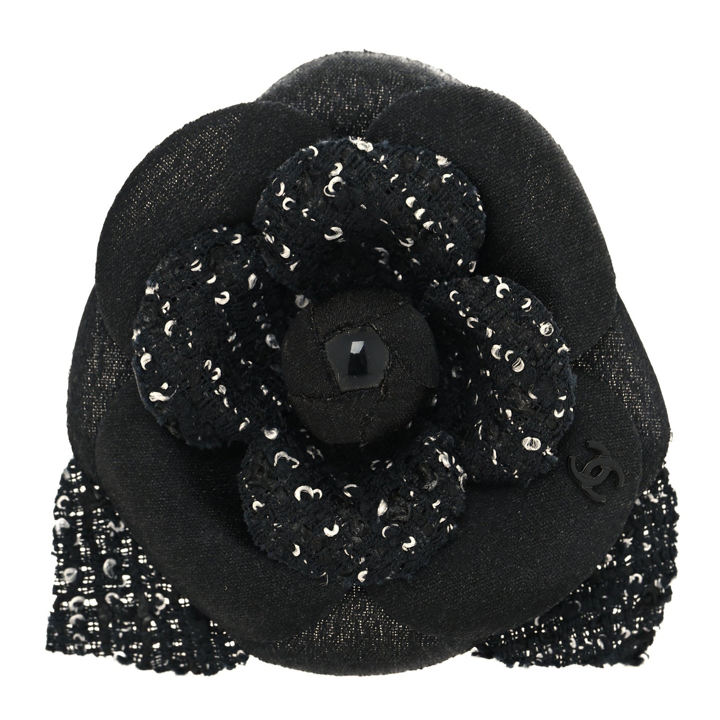 Tweed Camellia Pin Brooch Black