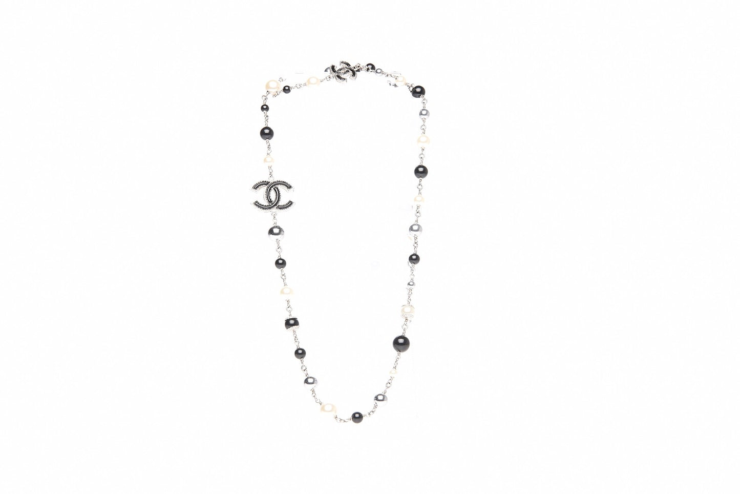 Pearl Beaded CC Long Necklace Black