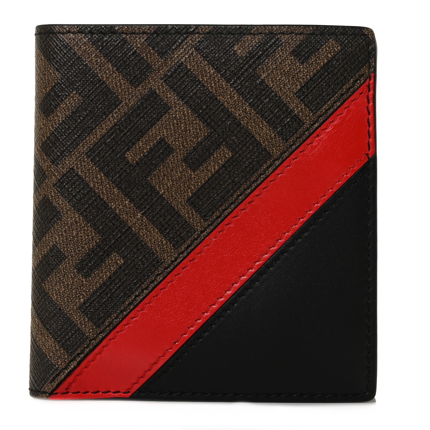 Fendi Glazed Fabric Vitello Liberty FF 1974 Diagonal Bi-Fold Wallet Tobacco Rosso Black 1 of 8