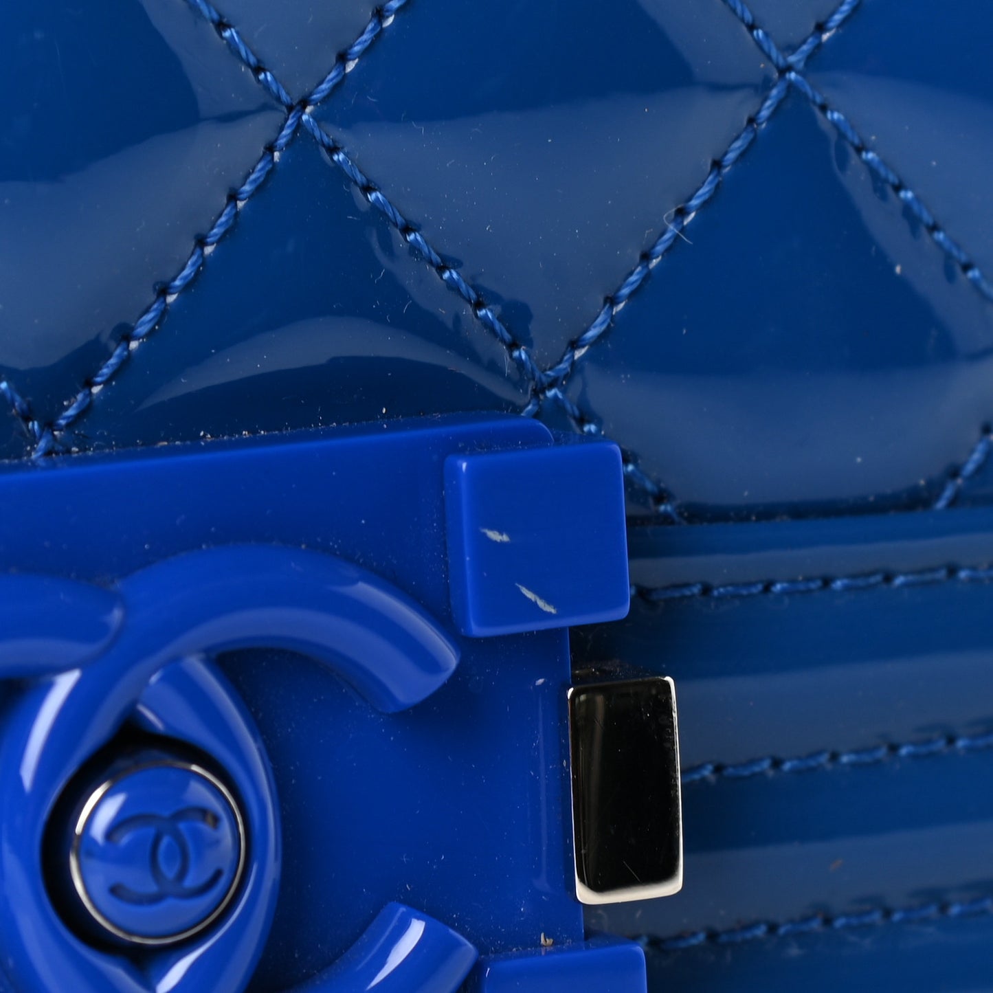 Patent Calfskin Quilted Medium Plexiglass Boy Flap Blue