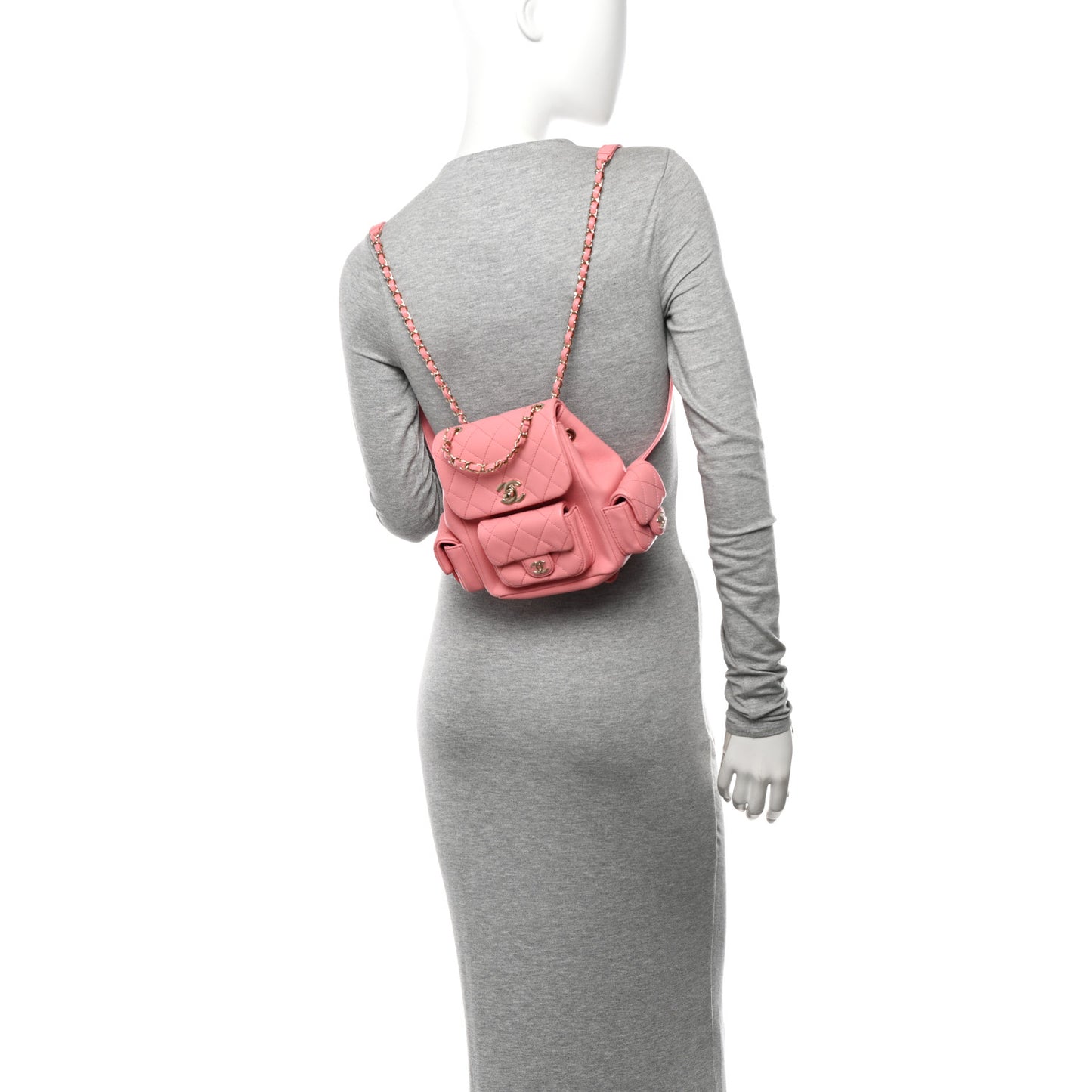 Shiny Caviar Quilted Small Pockets Drawstring Backpack Pink