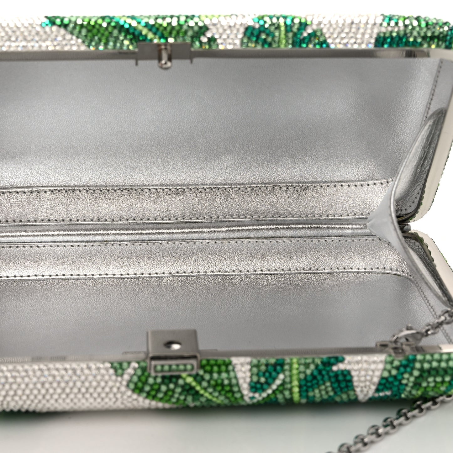 Crystal Tropic Banana Leaves Minaudiere Clutch Green Silver