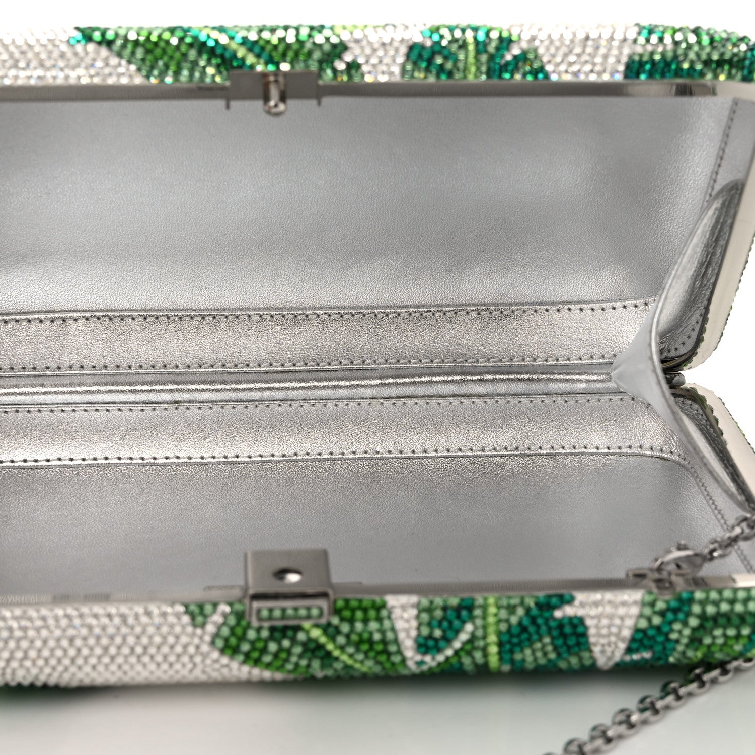 Judith Leiber Crystal Tropic Banana Leaves Minaudiere Clutch Green Silver 5 of 9
