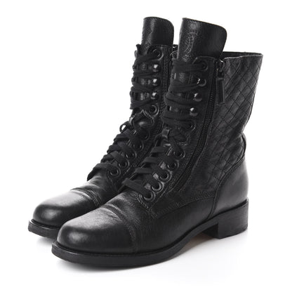 Chanel Sheepskin Quilted CC Tall Lace Up Combat Boots 39 Black 3 of 11