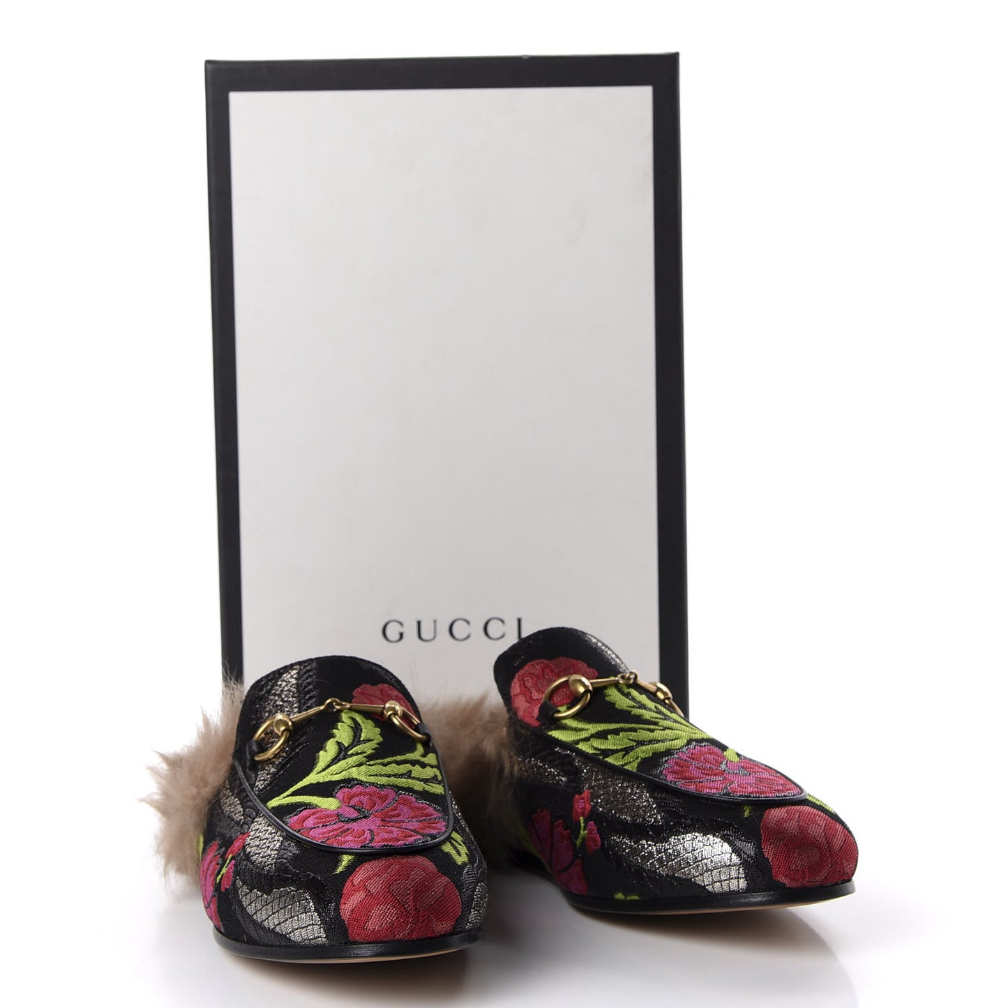 Brocade Fur Floral Womens Princetown Slippers 39.5 Black Anthracite
