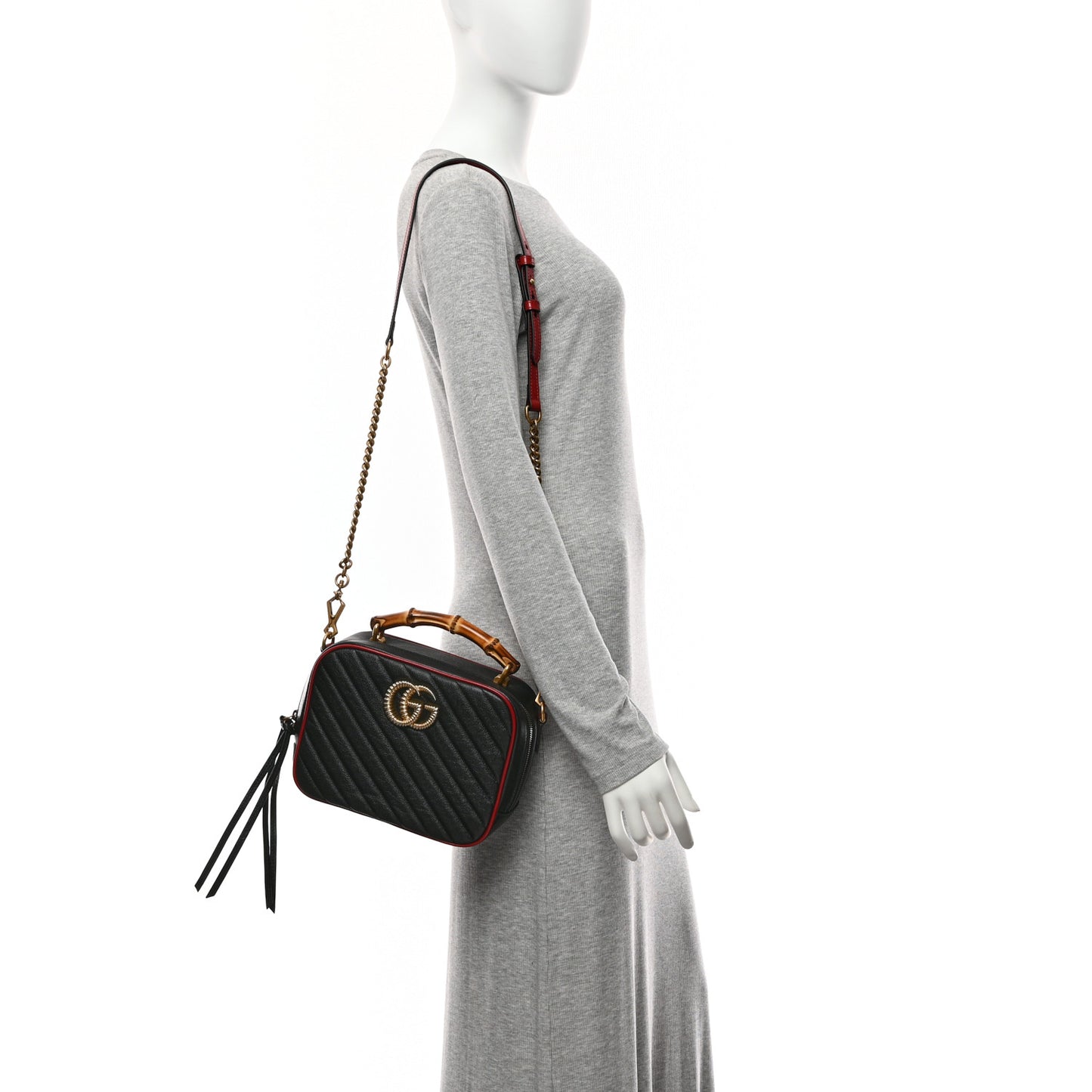 Vintage Effect Calfskin Matelasse Diagonal Small Torchon GG Marmont Bamboo Top Handle Shoulder Bag Black Romantic Cherry