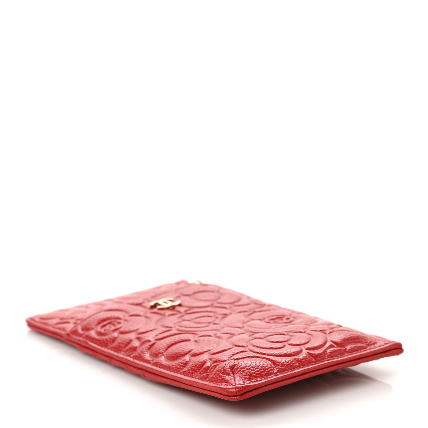 Caviar Camellia Embossed Classic Flat Wallet Pouch Red