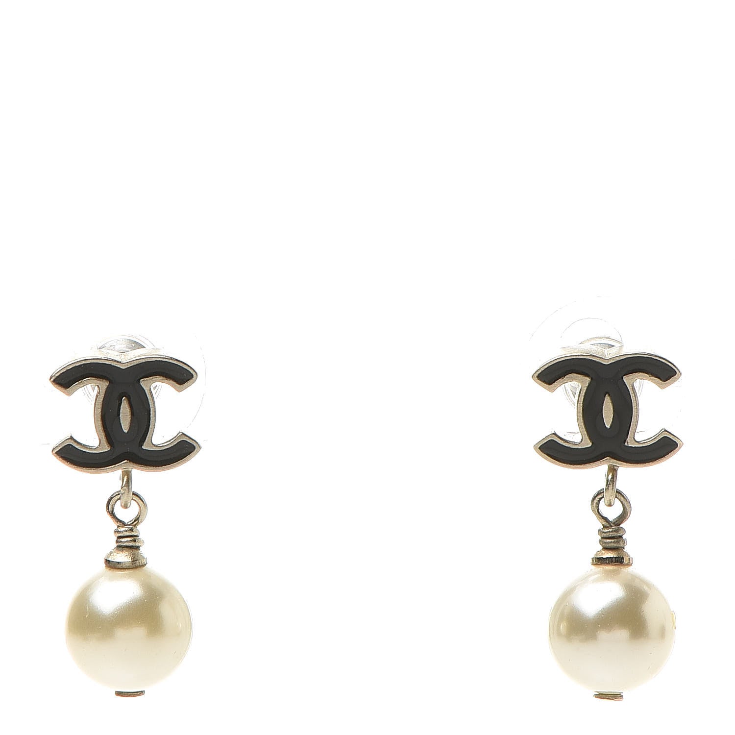 Chanel Pearl Enamel CC Drop Earrings Black Gold 1 of 6