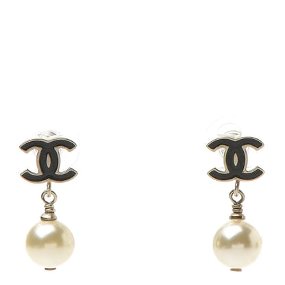 Chanel Pearl Enamel CC Drop Earrings Black Gold 1 of 6
