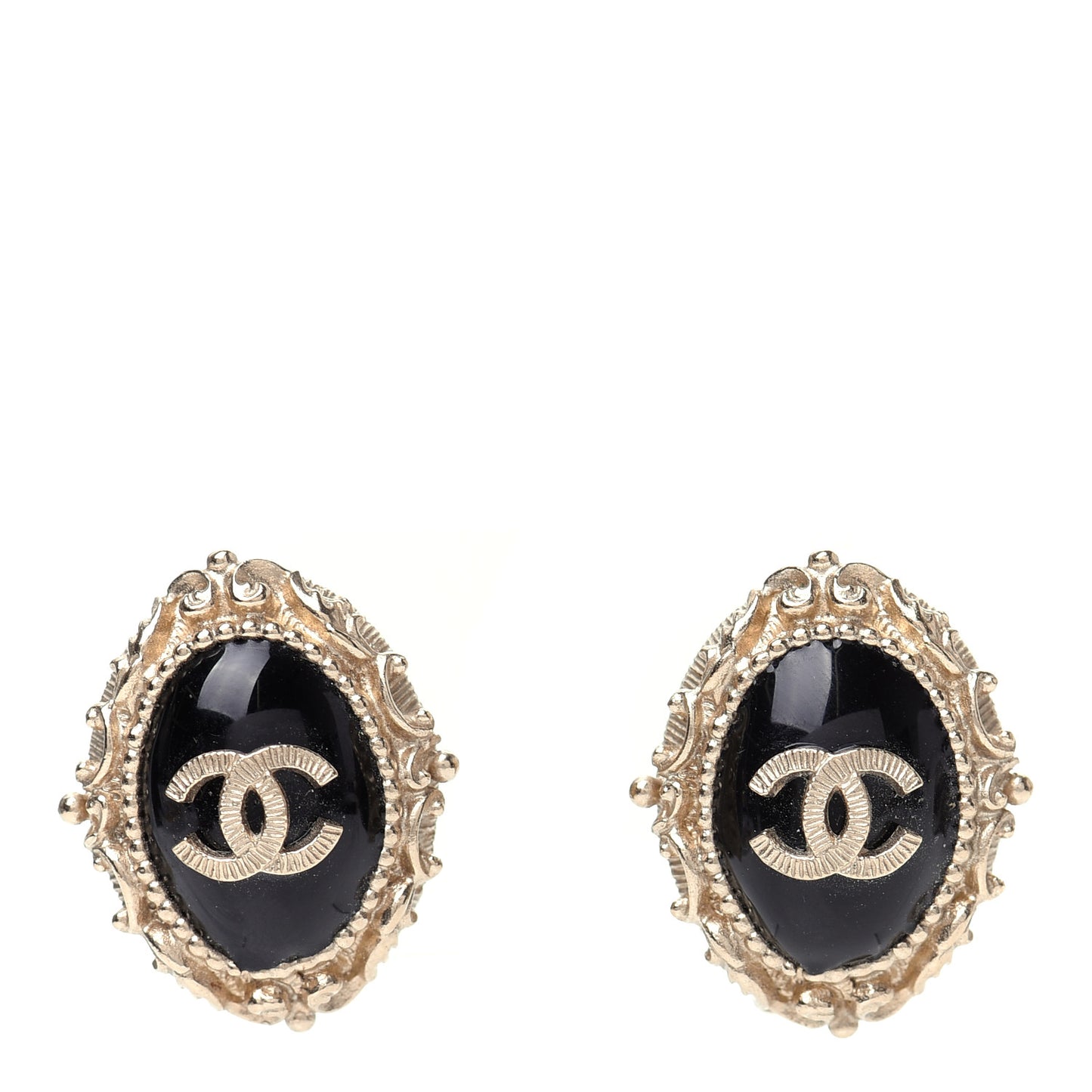 Enamel CC Oval Clip On Earrings Gold Black