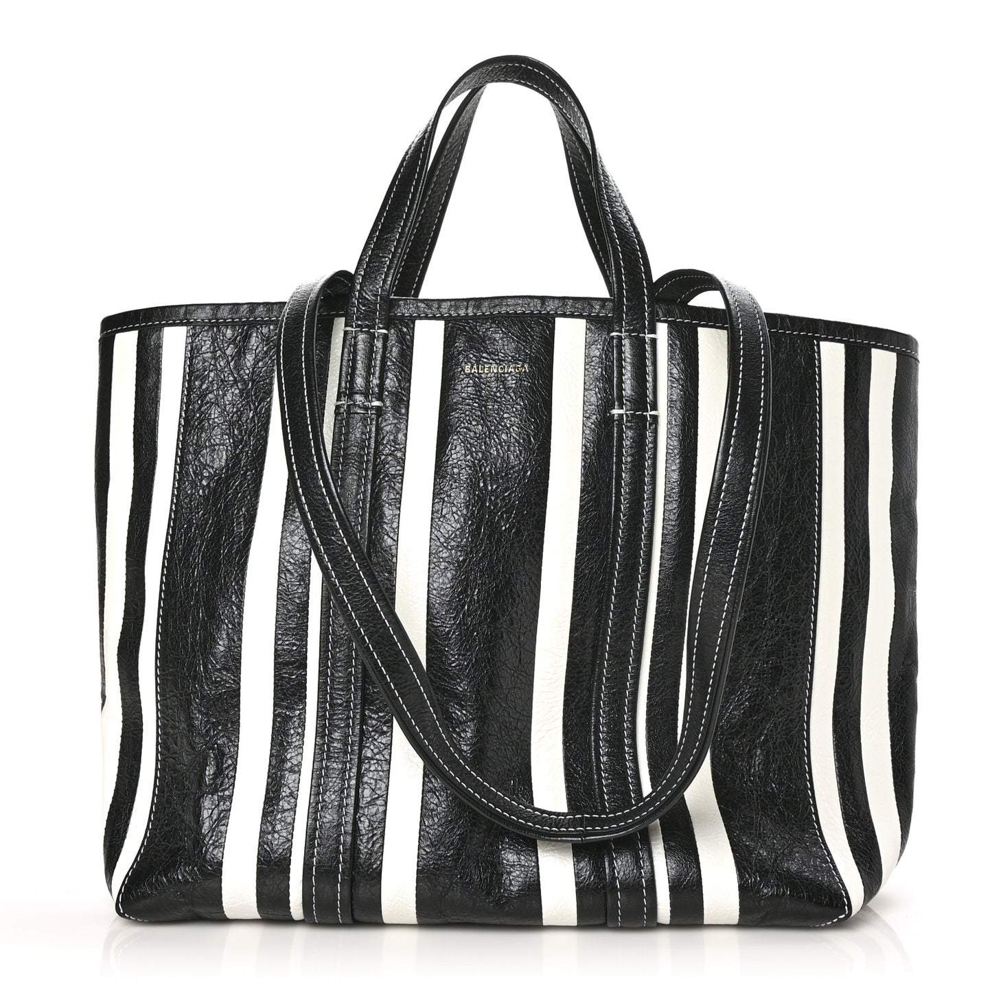 Agneau Arena Striped Patchwork Large Barbes East West Shopper Black White