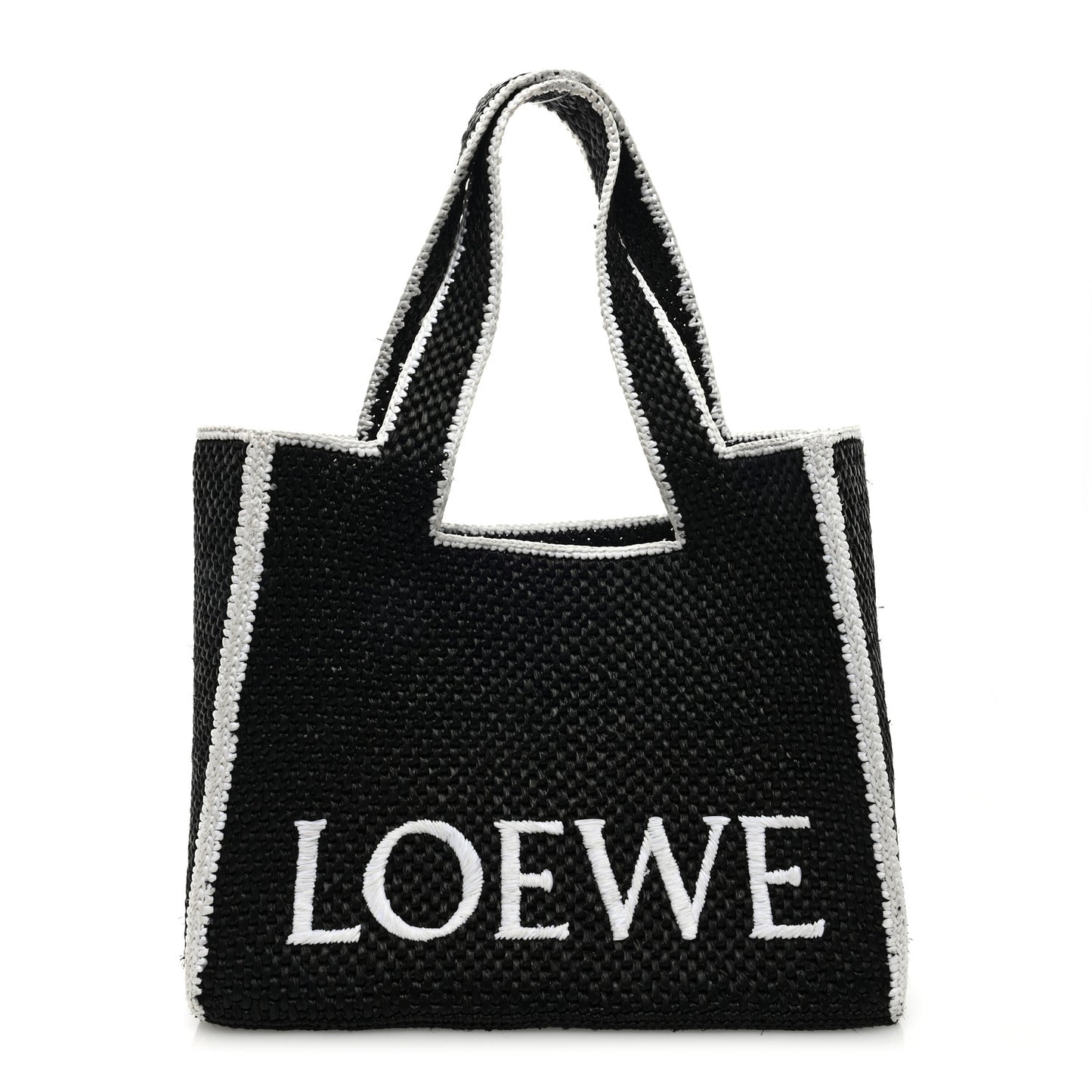 Raffia Large Paula's Ibiza Logo Tote Black White