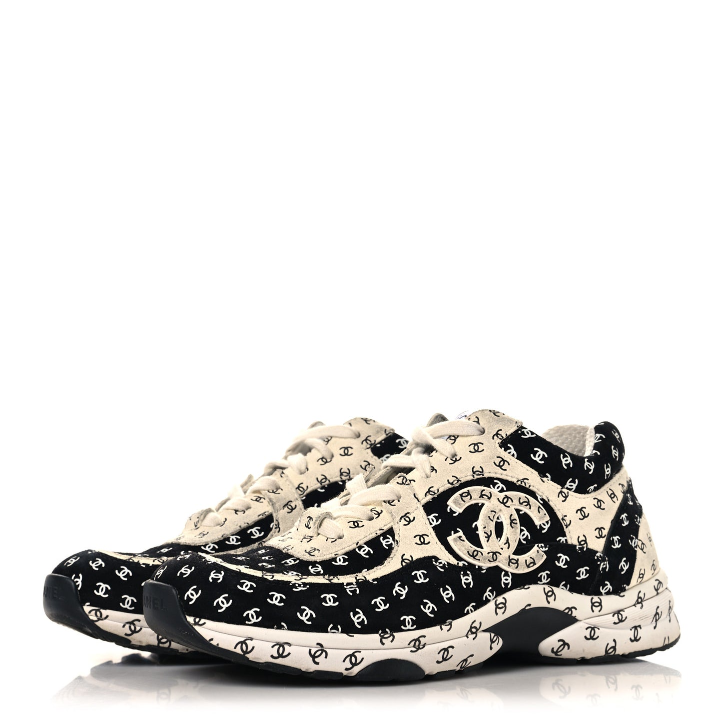 Nylon Suede Calfskin Printed CC Sneakers 37.5 White Black