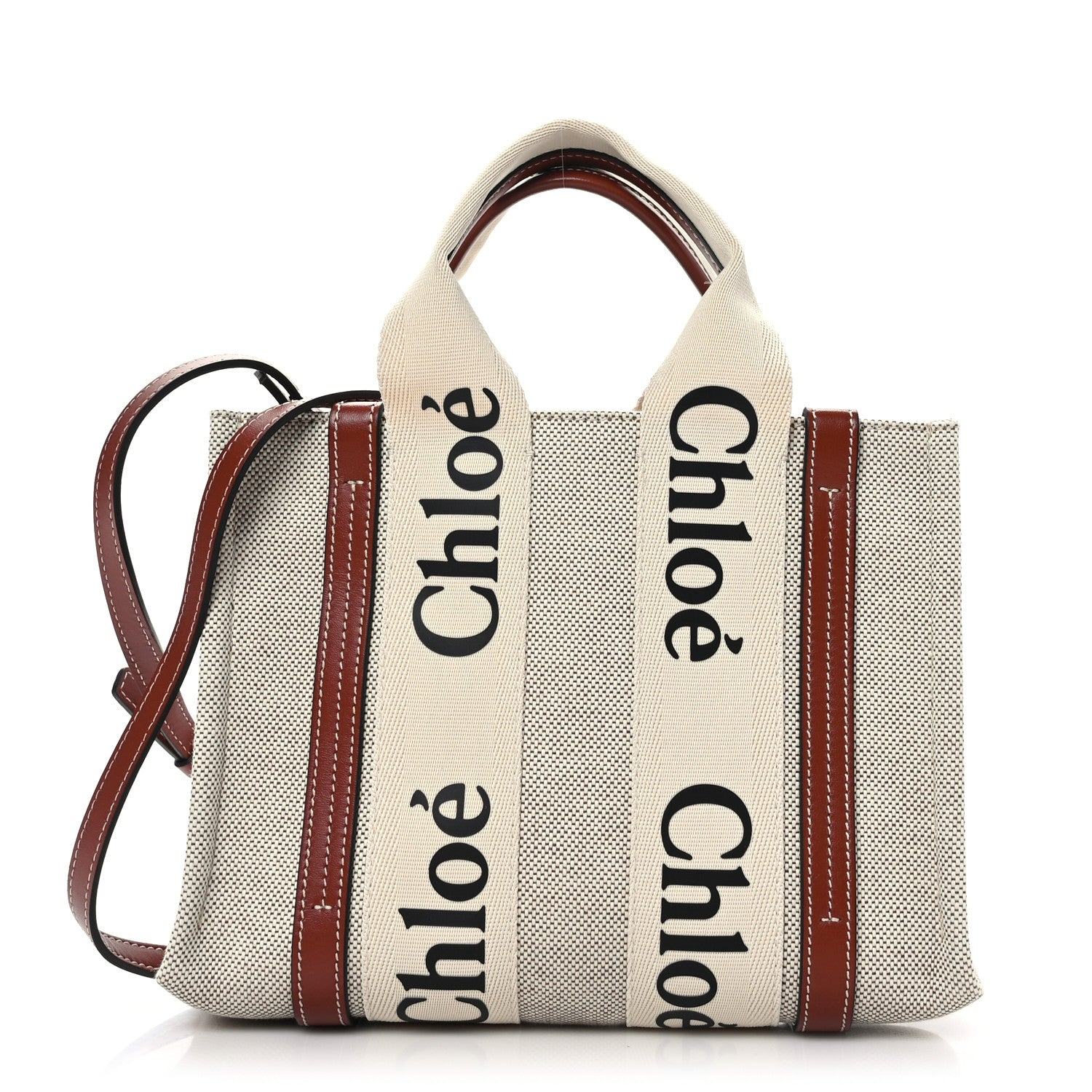 Chloe Cotton Calfskin Small Woody Ribbon Tote With Strap White Brown 1 of 9