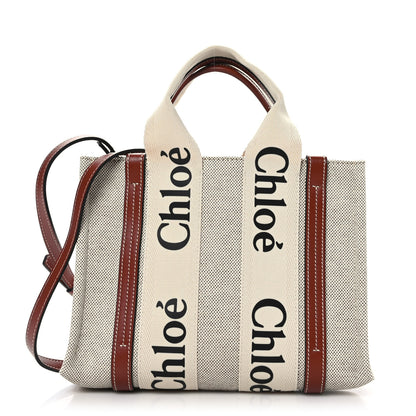 Chloe Cotton Calfskin Small Woody Ribbon Tote With Strap White Brown 1 of 9