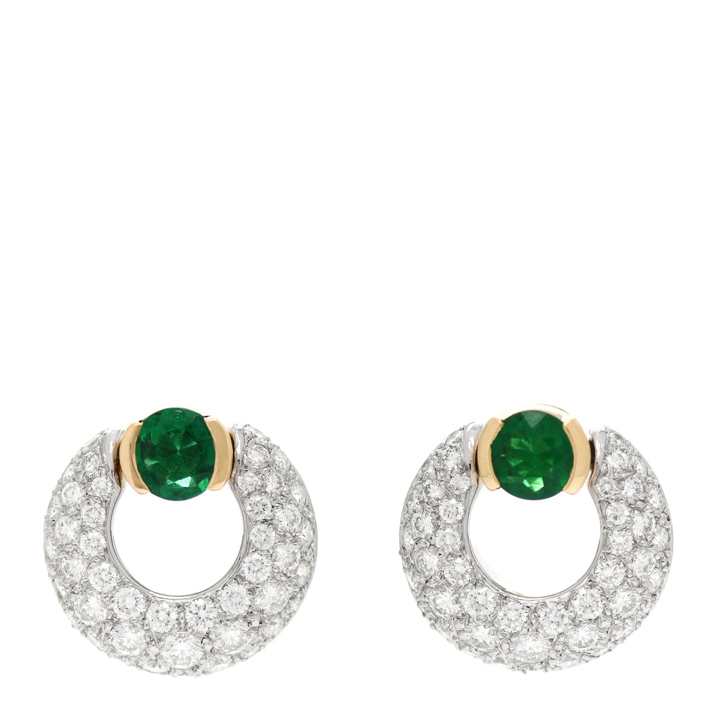 18K Yellow Gold Platinum Diamond Emerald Door Knocker Earrings