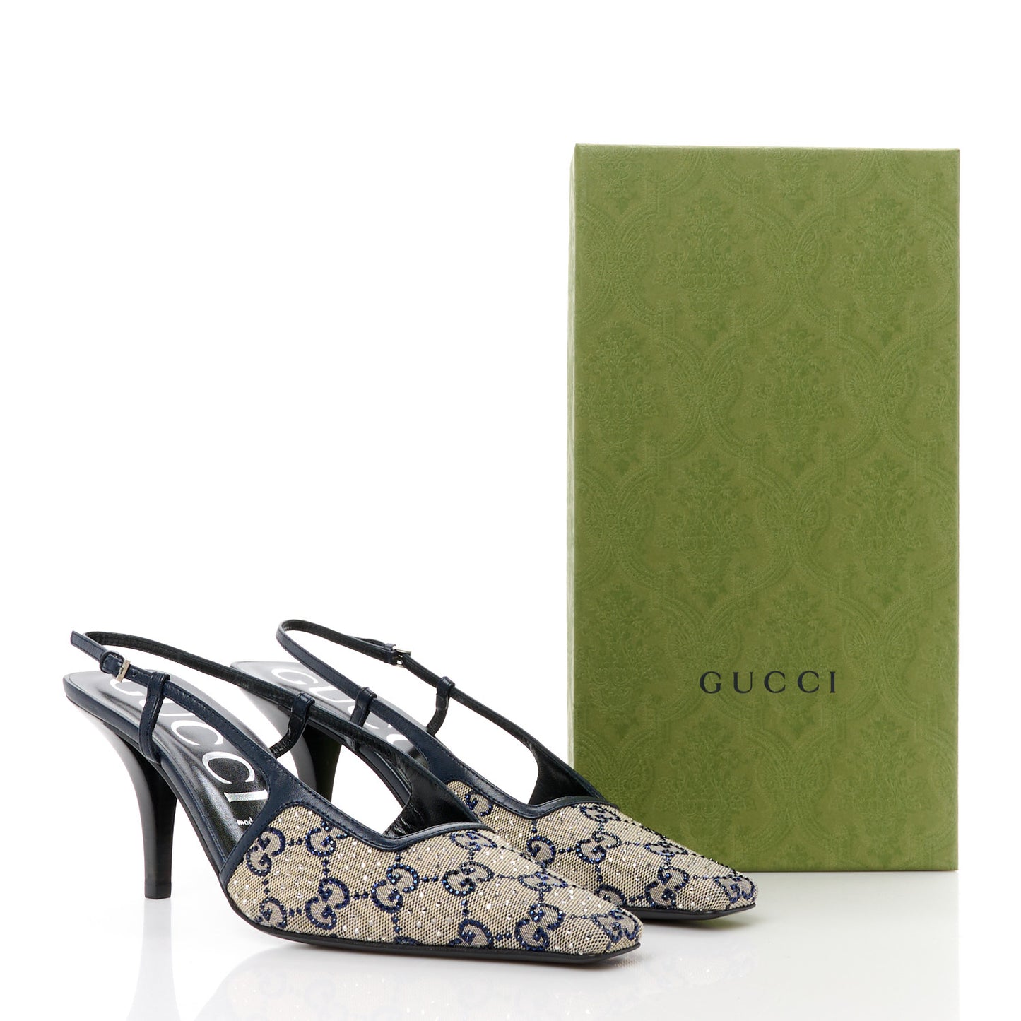 GG Monogram Malaga Kid Crystal Square G 75mm Slingback Pumps 40 Beige Blue