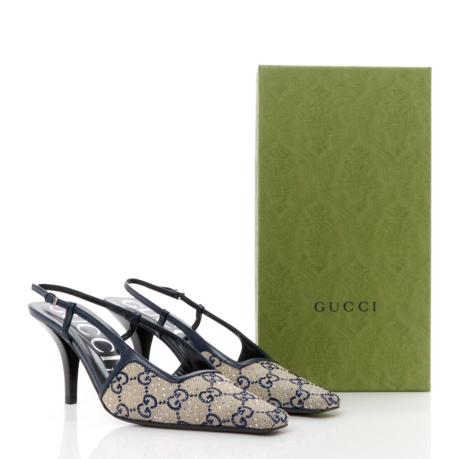 Gucci GG Monogram Malaga Kid Crystal Square G 75mm Slingback Pumps 40 Beige Blue 12 of 12