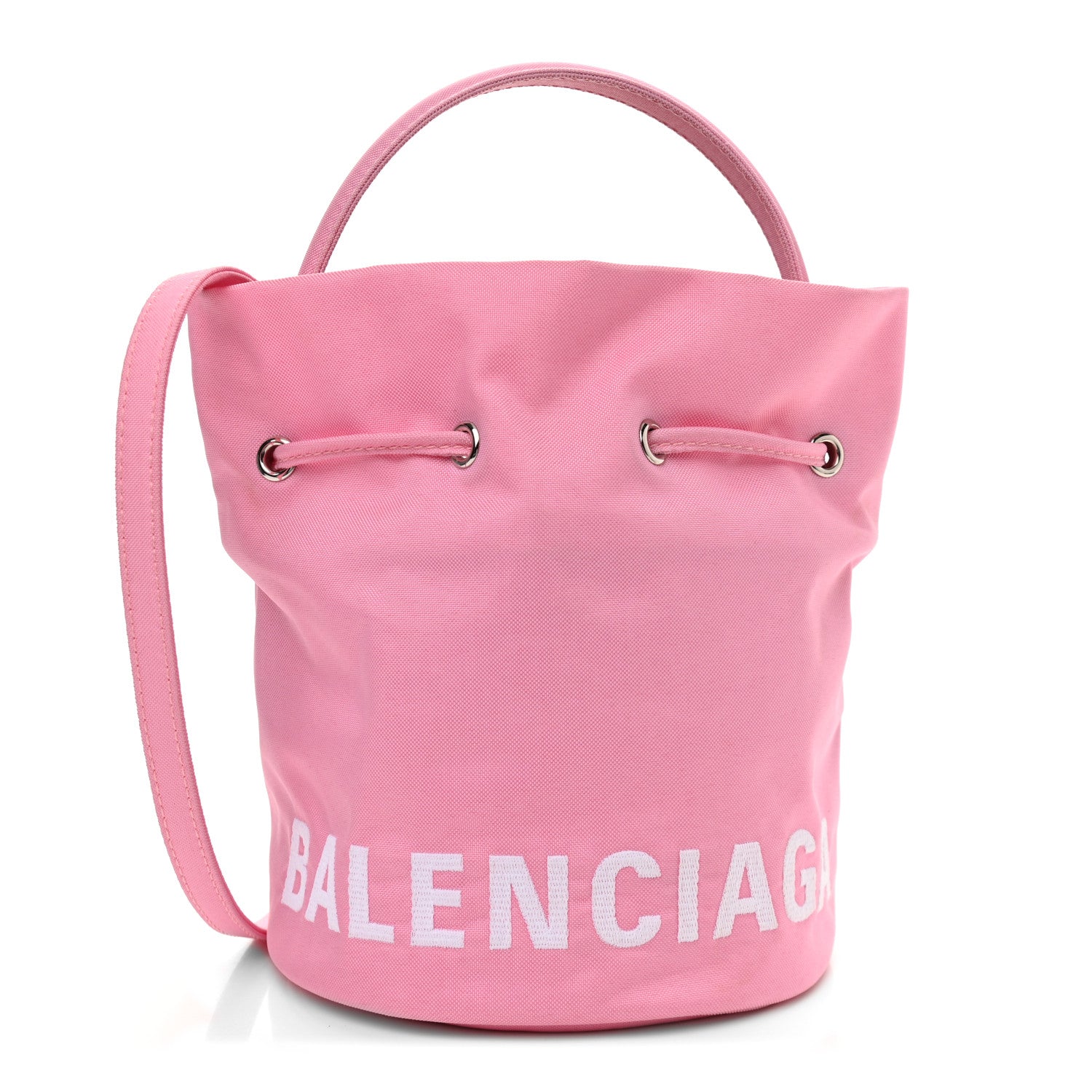 Balenciaga Recycled Sport Nylon Logo Embroidered Wheel Drawstring Bucket Bag XS Pink White 1 of 10