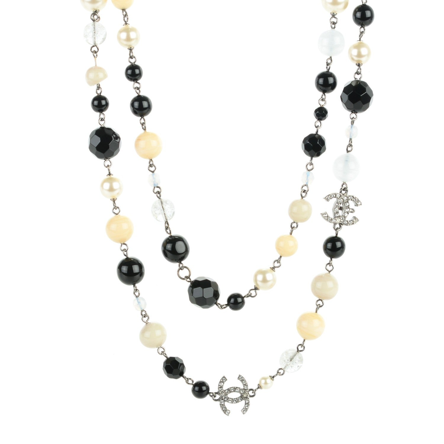 Chanel Pearl Crystal Bead CC Long Necklace Black 1 of 4