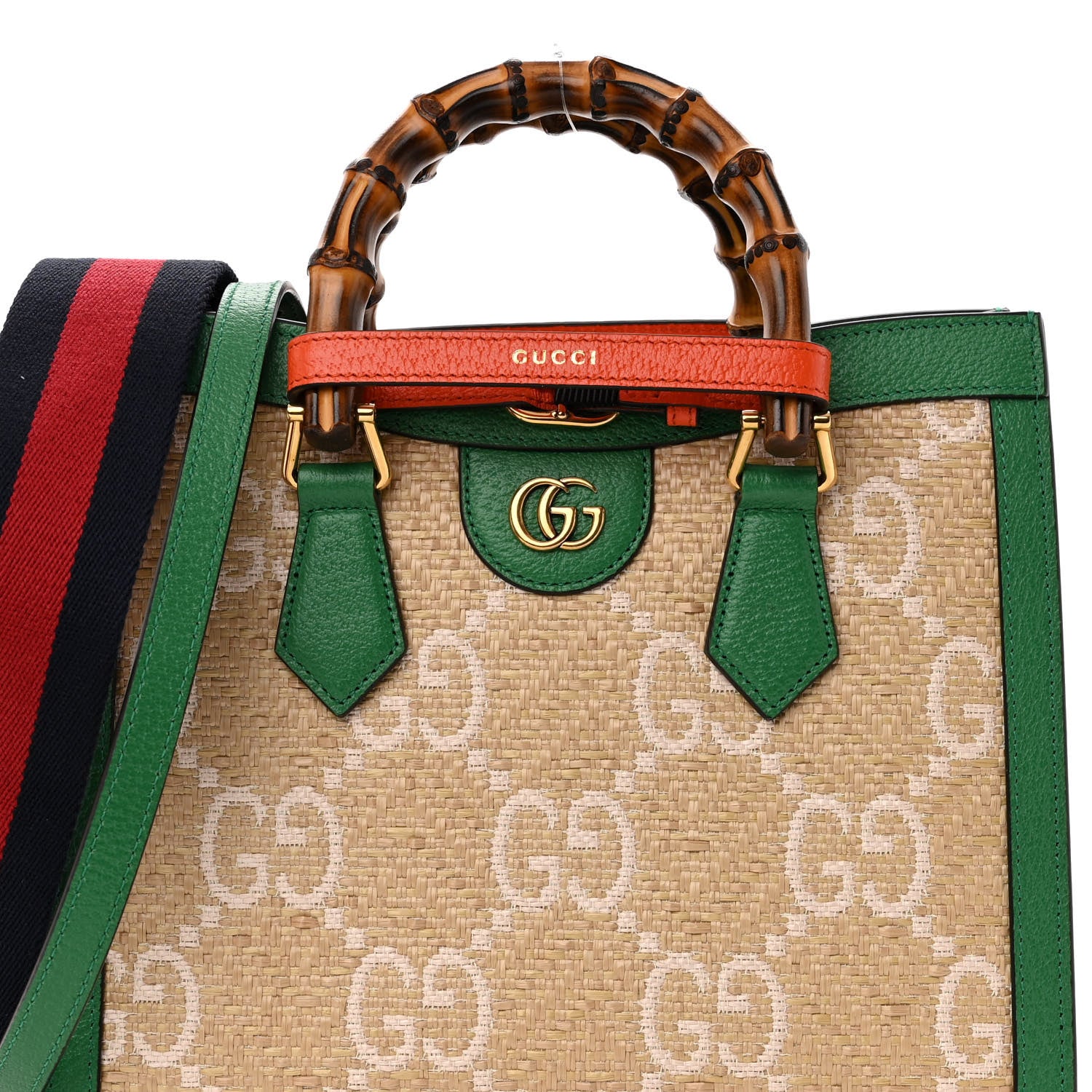 Gucci Raffia Textured Dollar Calfskin Web GG Monogram Small Diana Tote Bag Natural White New Shamarock Deep Orange 7 of 10