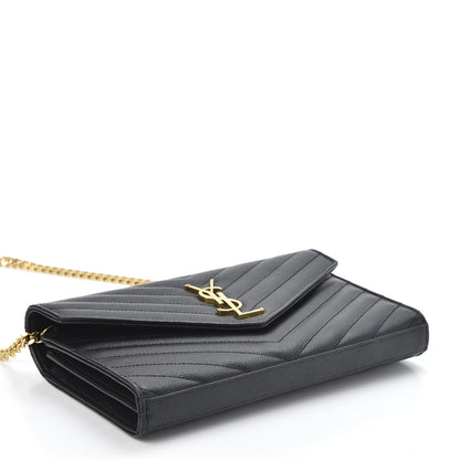 Saint Laurent Grain De Poudre Matelasse Chevron Monogram Chain Wallet Black 3 of 8