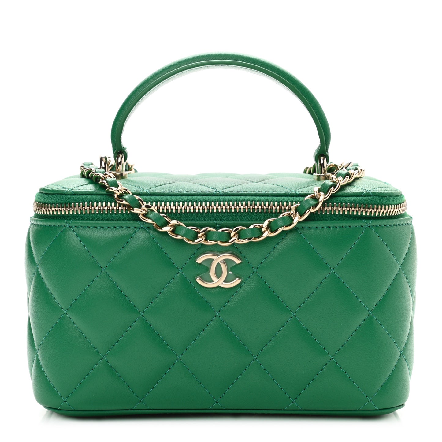 Lambskin Quilted Small Top Handle Vanity Case With Chain Green