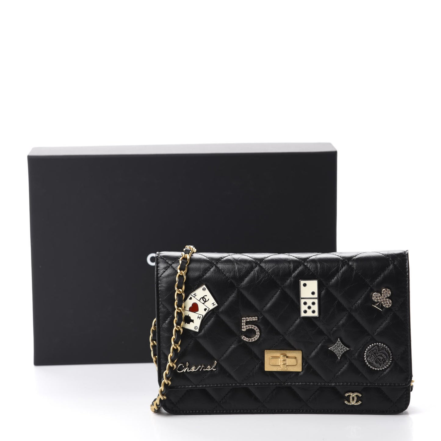 Aged Calfskin Quilted Lucky Charms Casino 2.55 Reissue Wallet On Chain WOC Black