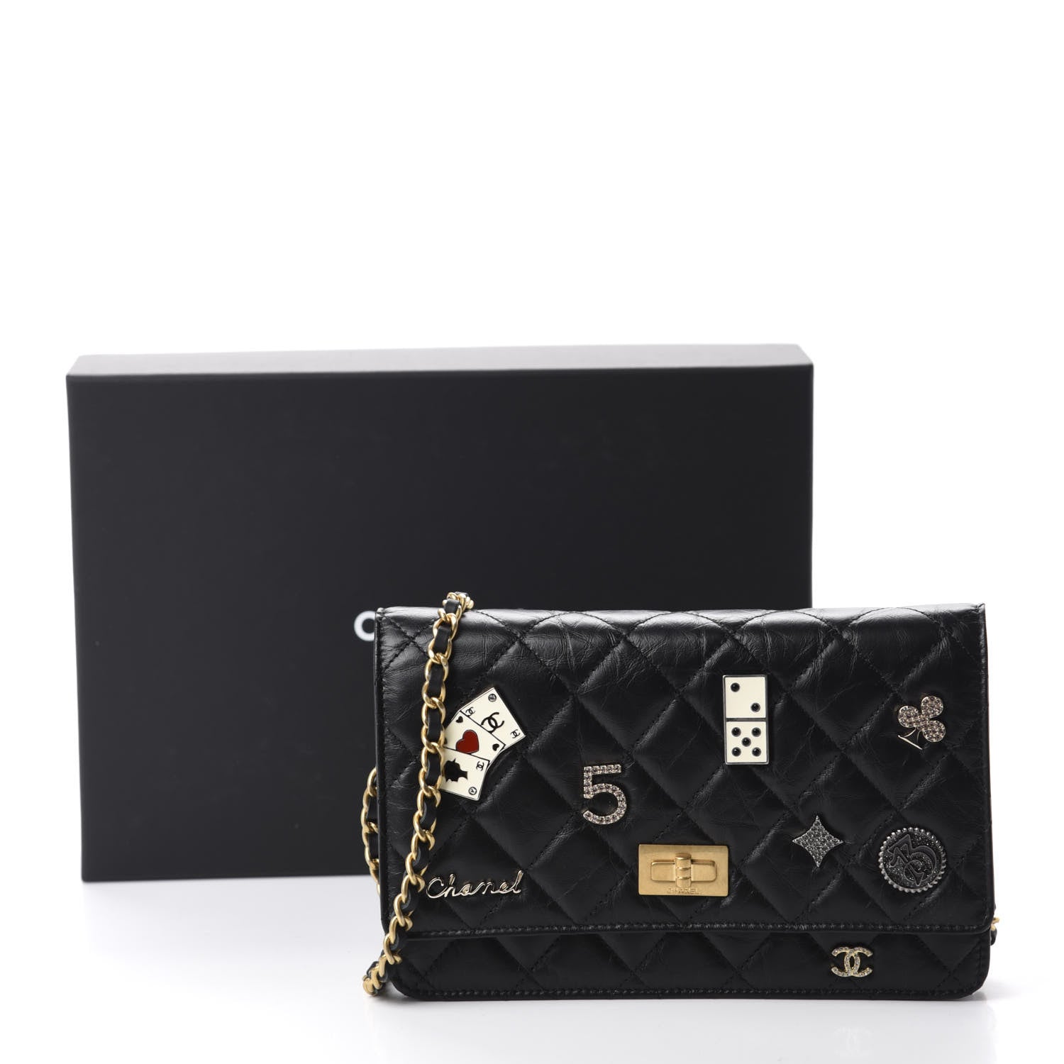 Chanel Aged Calfskin Quilted Lucky Charms Casino 2.55 Reissue Wallet On Chain WOC Black 12 of 12