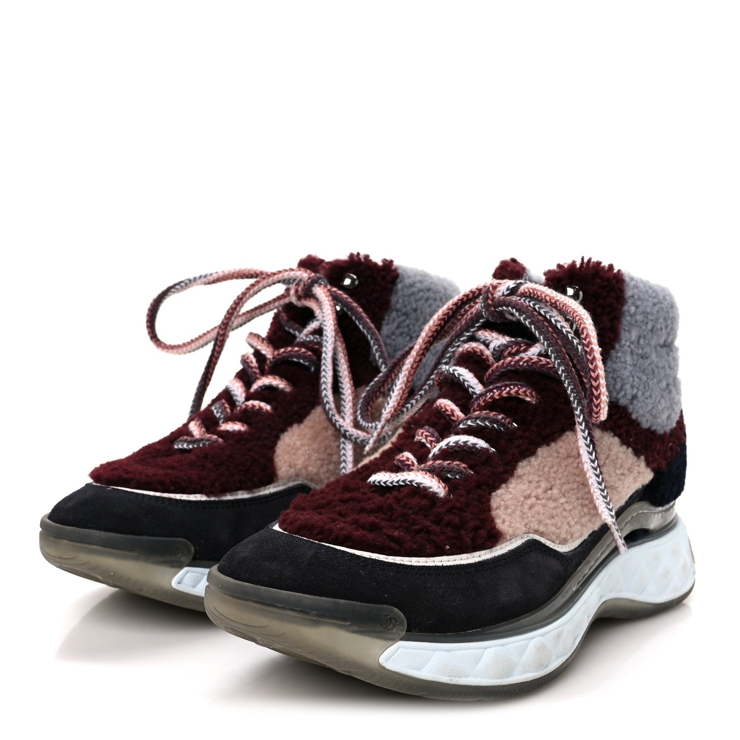 Chanel Shearling Suede CC High Top Sneakers 39 Grey Pink Burgundy 4 of 10