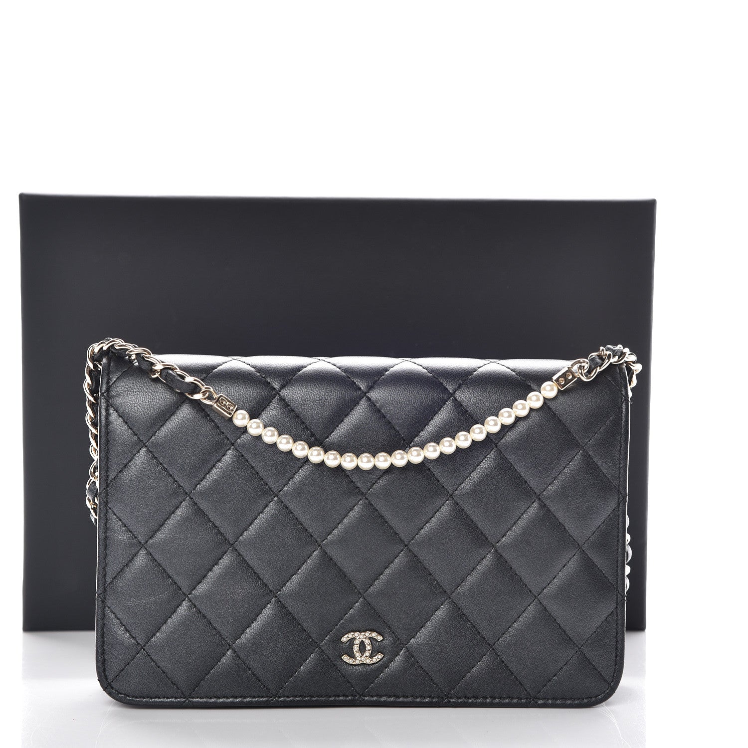 Chanel Iridescent Lambskin Quilted Pearl Wallet On Chain WOC Black 16 of 16