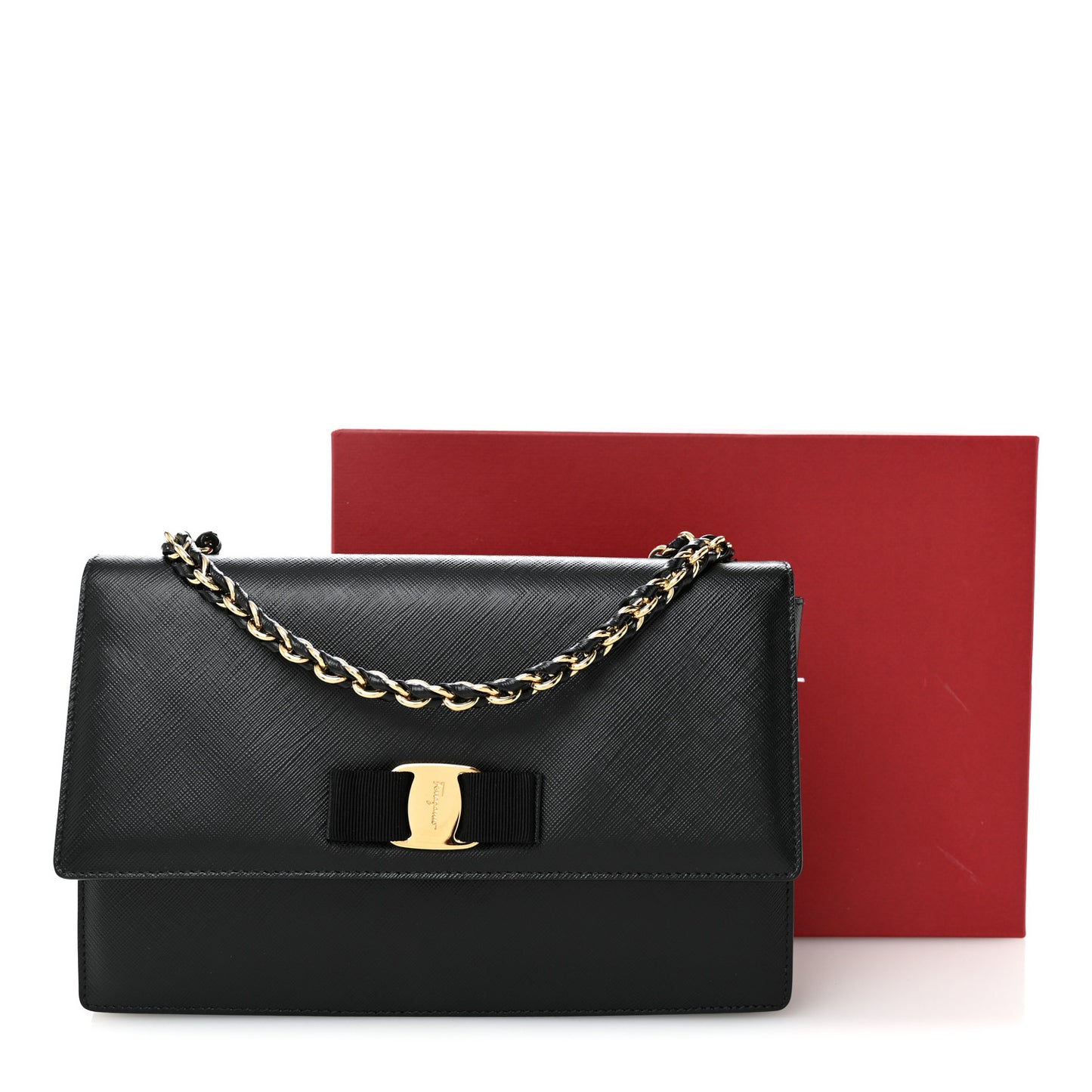 Printed Calfskin Vara Bow Chain Flap Crossbody Black