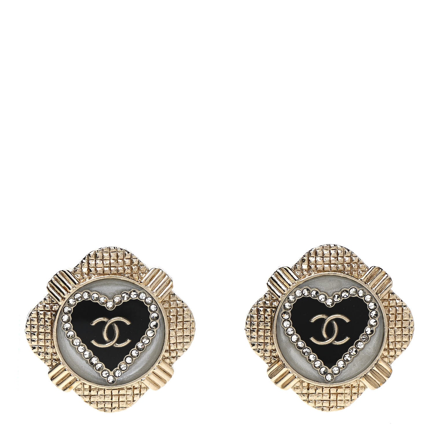 Chanel Resin Crystal Quilted CC Heart Earrings Gold Black 1 of 4