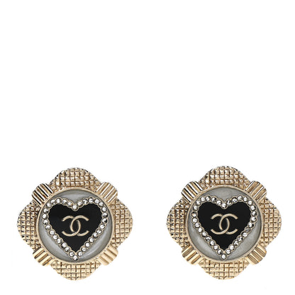 Chanel Resin Crystal Quilted CC Heart Earrings Gold Black 1 of 4
